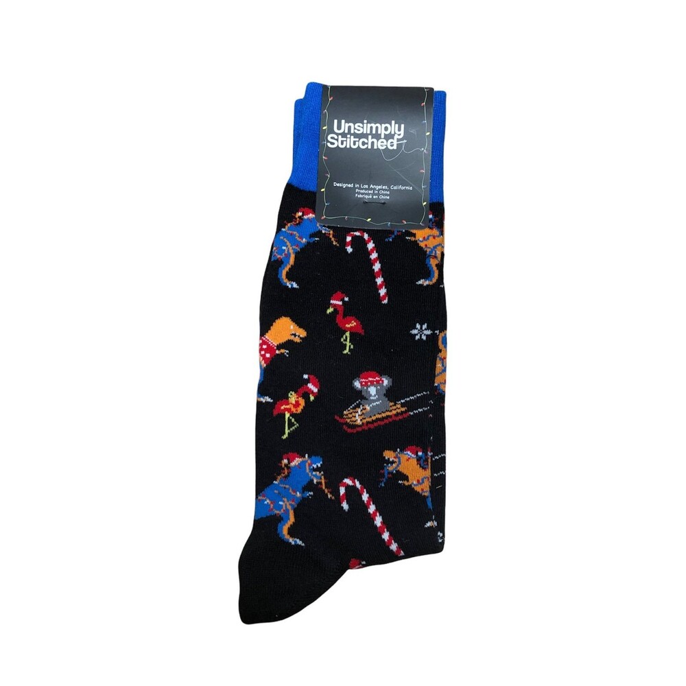 Unsimply Stitched Men's Novelty Crew Socks Black with Dinosaurs